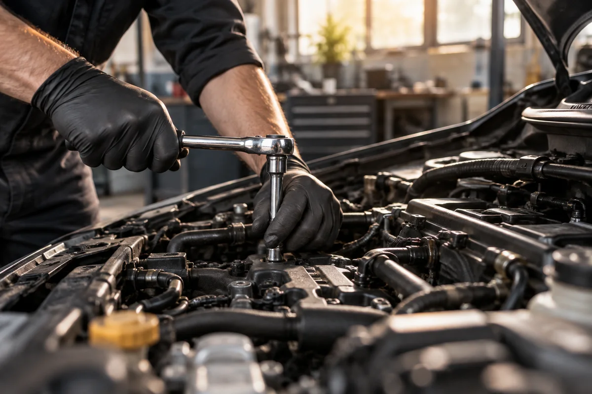 Illustrative close-up of a mechanic working in an engine bay